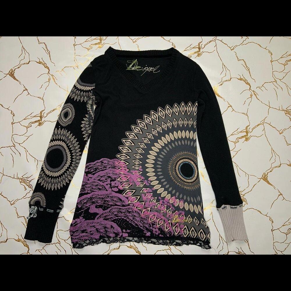 Desigual Women Black 100% Cotton Sweater Geometric Pattern Size Large
